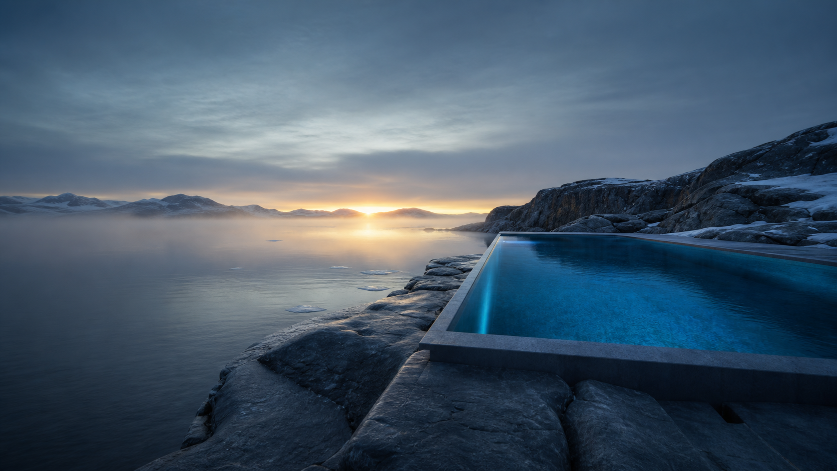 A blue cold-plunge pool beside a calm glacial lake at sunrise
